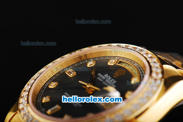 Rolex Day Date II Automatic Movement Full Gold with Diamond Bezel-Black MOP Dial and Diamond Markers - Click Image to Close